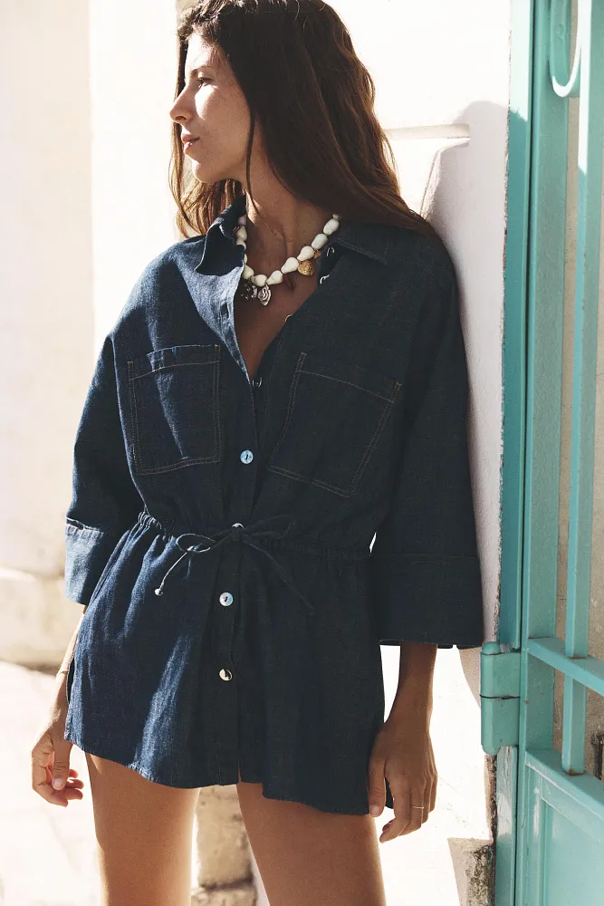 Льняная рубашка с завязками на талии ZARA