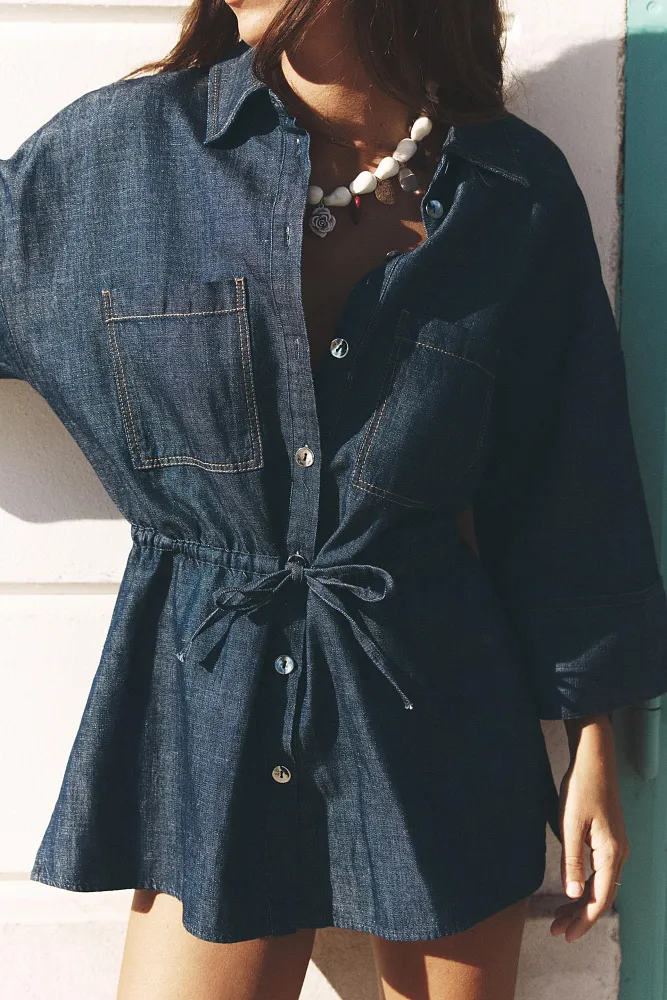 Льняная рубашка с завязками на талии ZARA