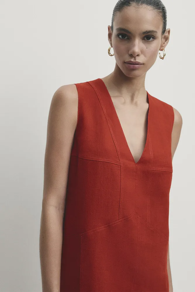 Платье миди с v-образным вырезом MASSIMO DUTTI