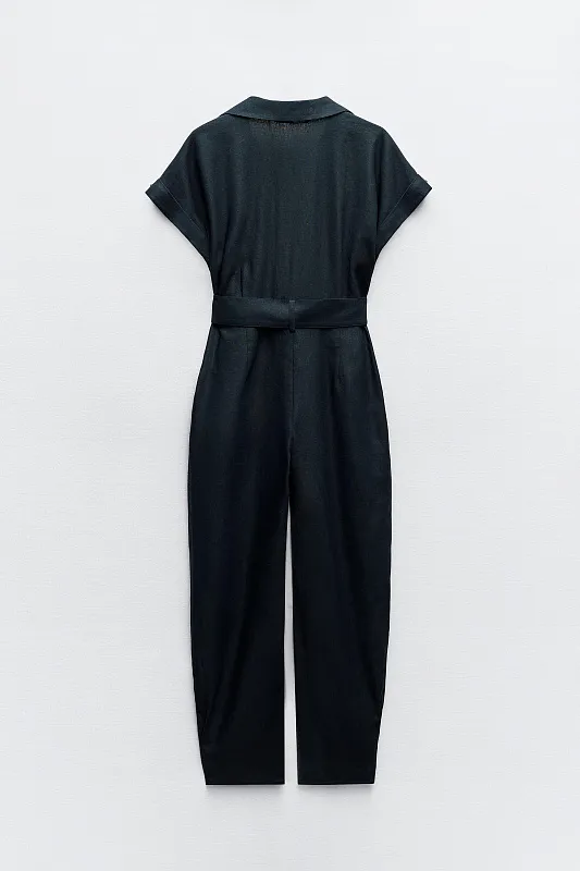 Льняной комбинезон с поясом ZARA   Льняной комбинезон с поясом ZARA