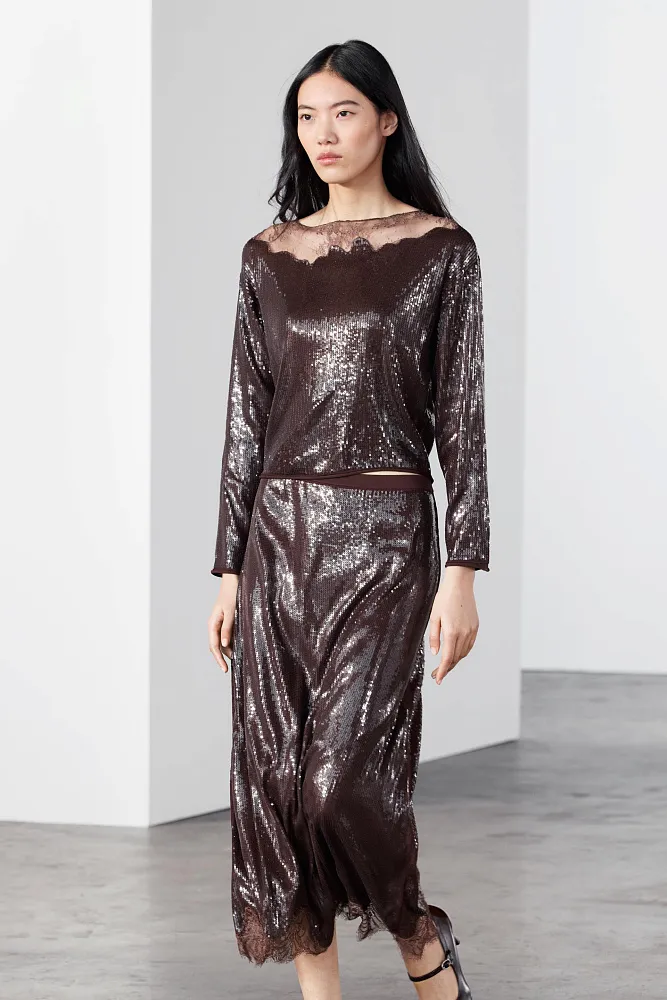 Юбка миди с кружевом и пайетками ZARA