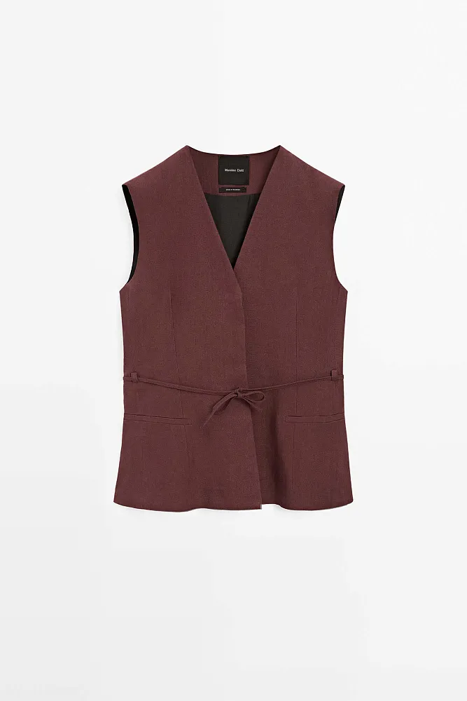 Длинный жилет из чистого льна со шнуром MASSIMO DUTTI