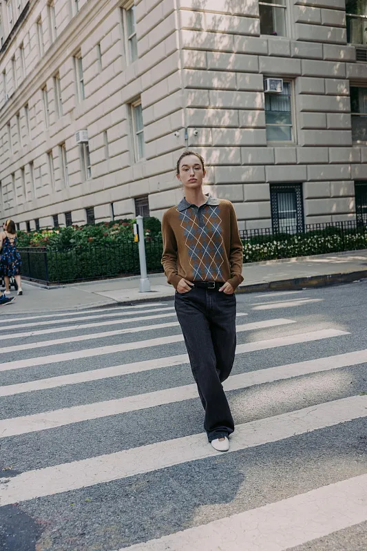 Трикотажный джемпер-поло с узором "ромбы" Трикотажный джемпер-поло с узором "ромбы"