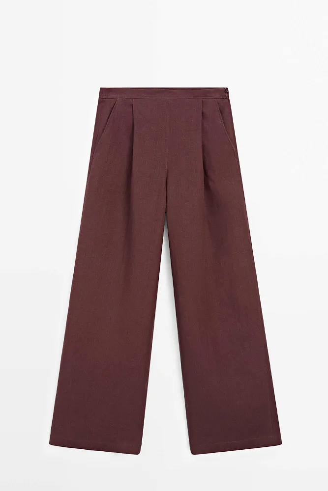 Струящиеся брюки со складками из чистого льна MASSIMO DUTTI