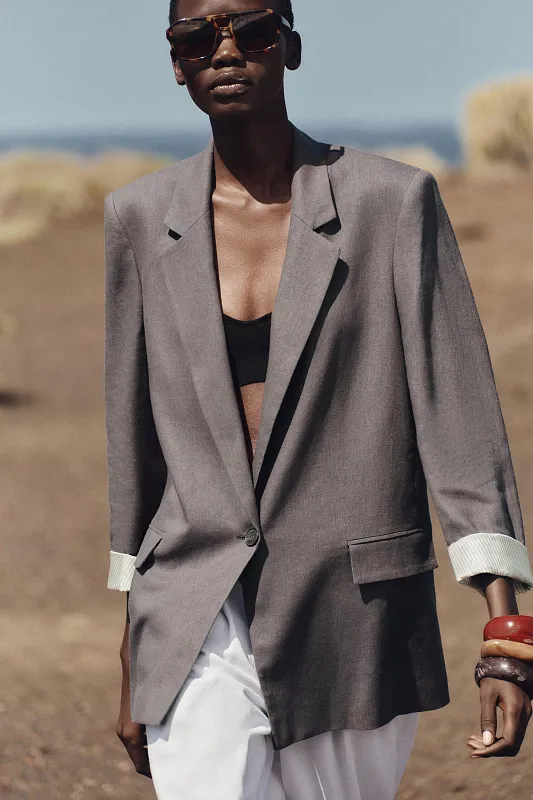 Льняной пиджак с принтом на манжетах ZARA   Льняной пиджак с принтом на манжетах ZARA