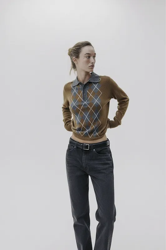 Трикотажный джемпер-поло с узором "ромбы" ZARA Трикотажный джемпер-поло с узором "ромбы" ZARA