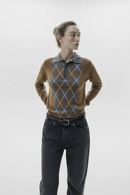 Трикотажный джемпер-поло с узором "ромбы"