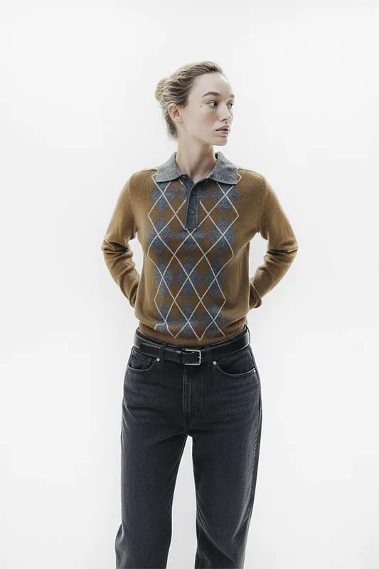 Трикотажный джемпер-поло с узором "ромбы" Трикотажный джемпер-поло с узором "ромбы"