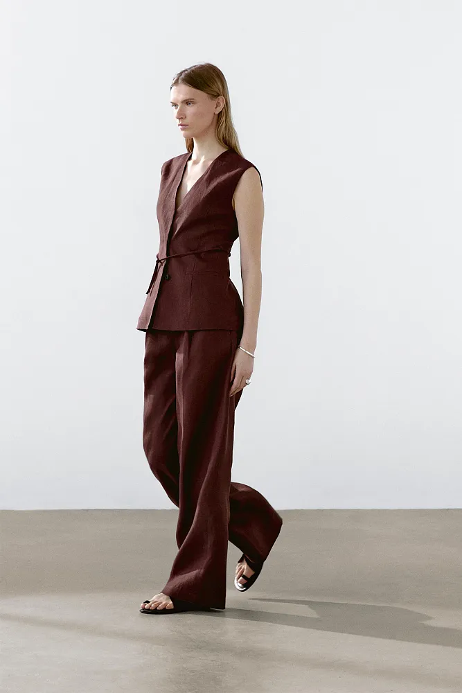 Длинный жилет из чистого льна со шнуром MASSIMO DUTTI