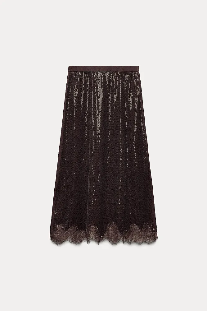 Юбка миди с кружевом и пайетками ZARA